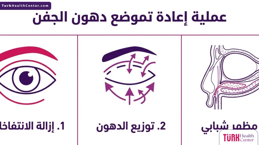 إنفوجرافيك طبي يشرح فوائد وخطوات عملية إعادة تموضع دهون الجفن