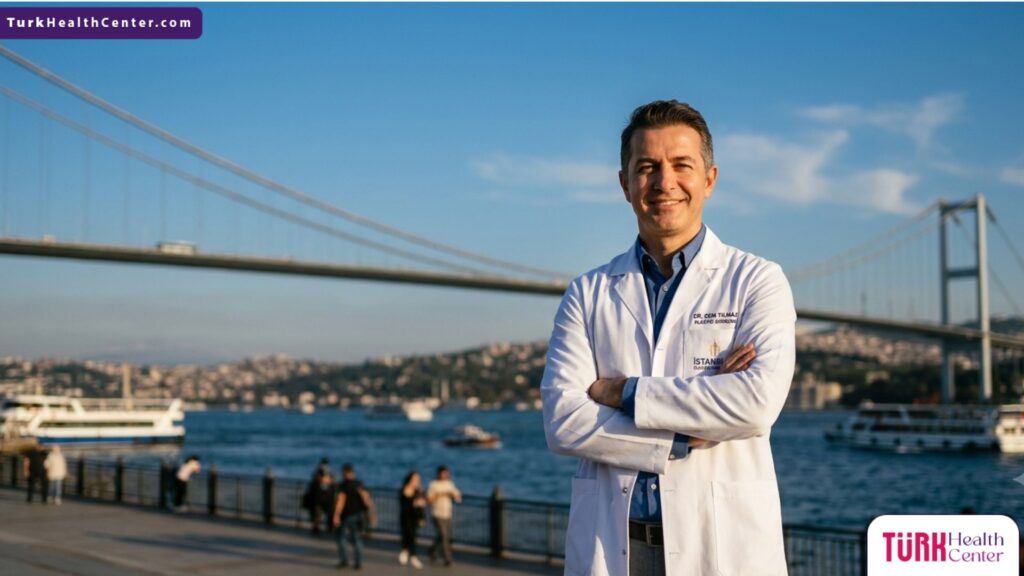 طبيب تجميل متخصص في عملية إعادة تموضع دهون الجفن يقف أمام جسر البوسفور في إسطنبول