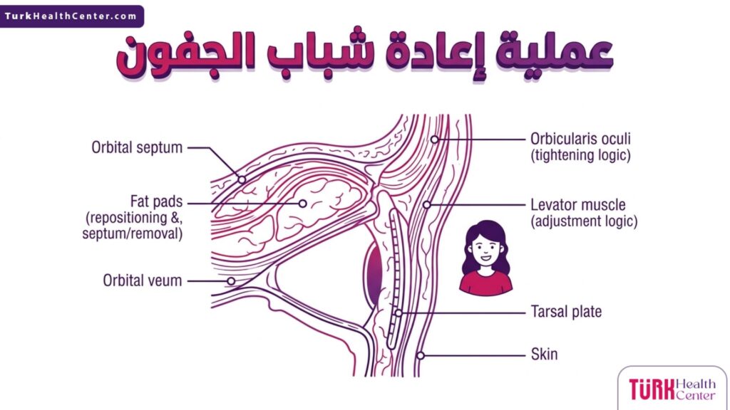 إنفوجرافيك تشريحي يوضح التركيب الداخلي للعين وخطوات عملية إعادة شباب الجفون طبياً.