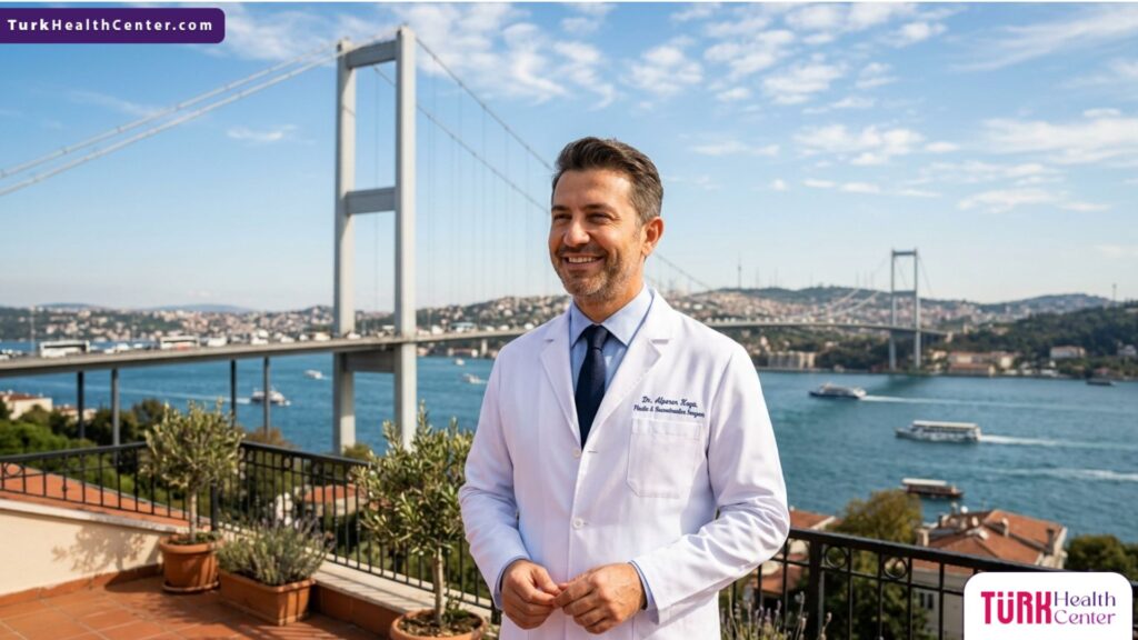 طبيب جراحة تجميل متخصص في عملية إعادة شباب الجفون يقف بثقة أمام جسر البوسفور في إسطنبول.