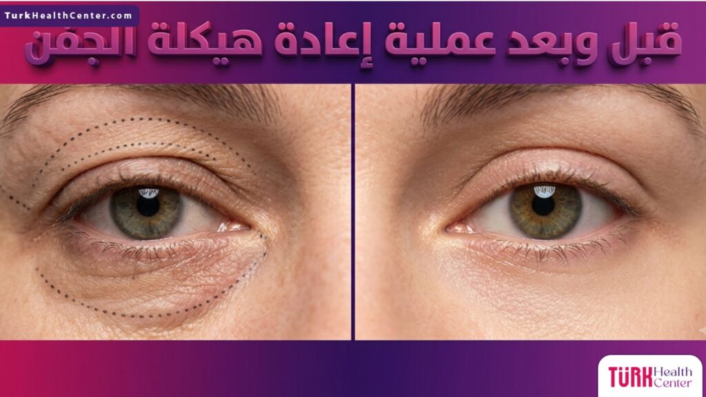 صورة مقسمة تظهر الفرق قبل وبعد عملية إعادة هيكلة الجفن مع توضيح الخطوط الجراحية والنتيجة النهائية.