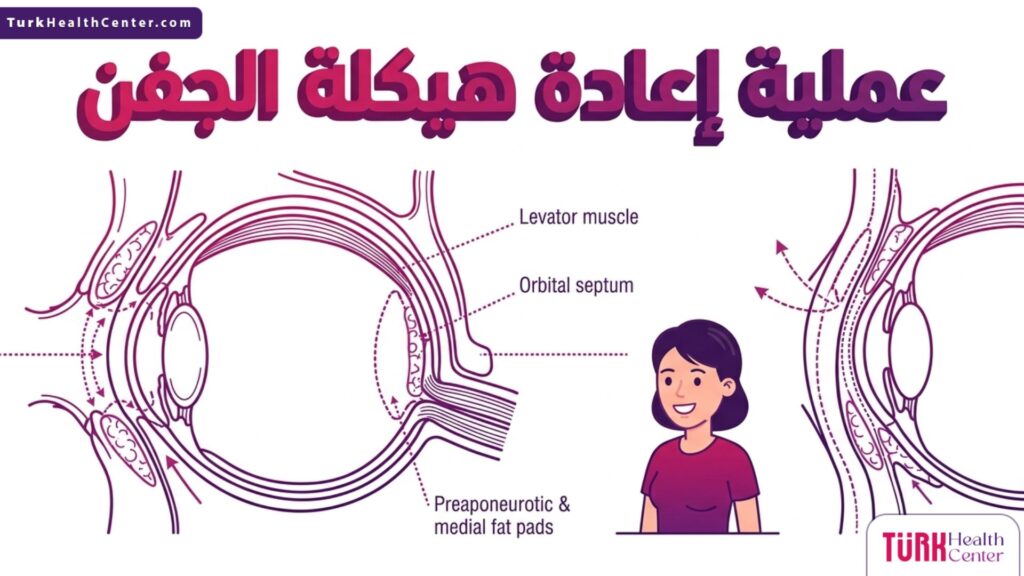 رسم تشريحي دقيق يوضح الطبقات العضلية والدهنية للعين وكيفية إجراء عملية إعادة هيكلة الجفن.