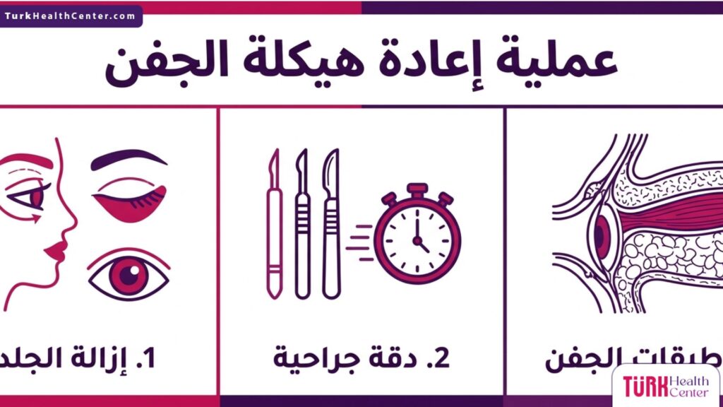 إنفوجرافيك طبي يشرح بخطوات مبسطة تفاصيل وآلية عمل عملية إعادة هيكلة الجفن.