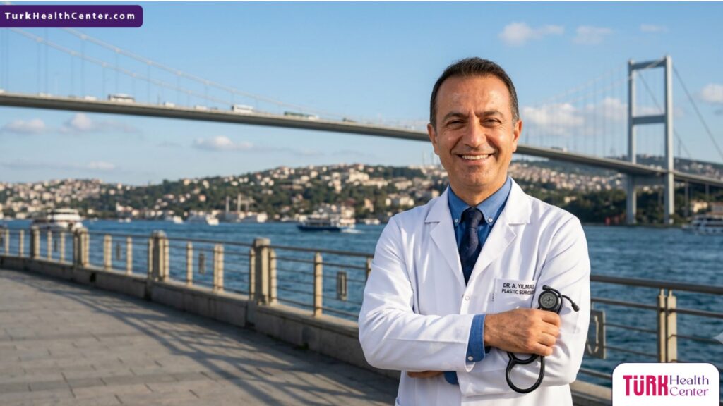 طبيب تجميل متخصص في عملية إعادة هيكلة الجفن يقف بثقة أمام جسر البوسفور في إسطنبول، تركيا.