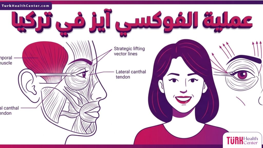 إنفوجرافيك طبي متجه يوضح التشريح العضلي وخطوات رفع زاوية العين في عملية الفوكسي آيز في تركيا.