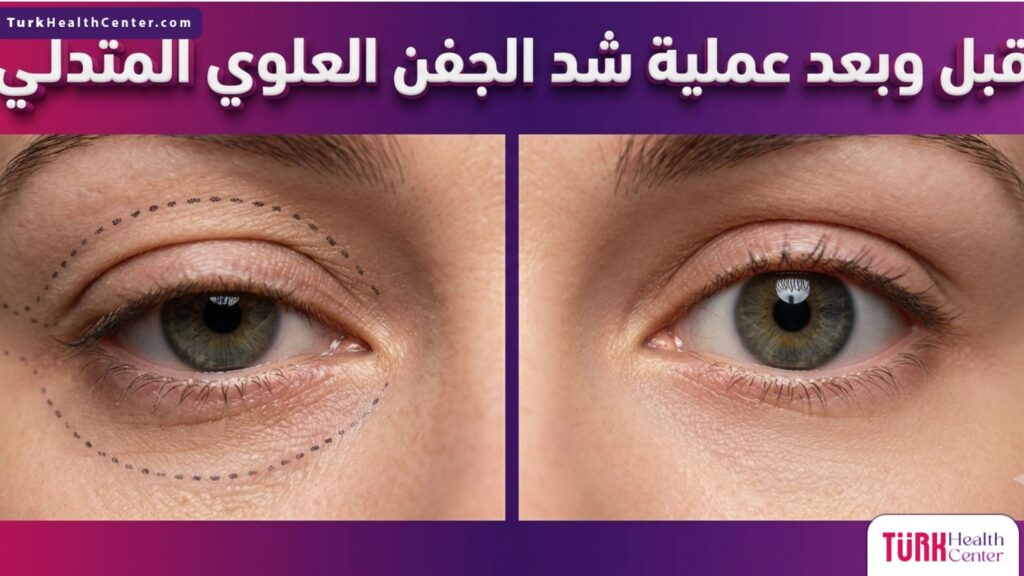 مقارنة قبل وبعد تظهر نتائج عملية شد الجفن العلوي المتدلي مع تحديد الخطوط الجراحية والنتيجة النهائية.