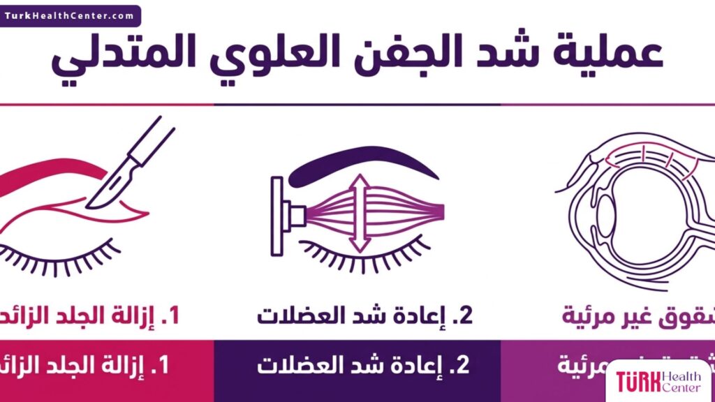 تصميم إنفوجرافيك يشرح الخطوات الثلاث الأساسية في عملية شد الجفن العلوي المتدلي.