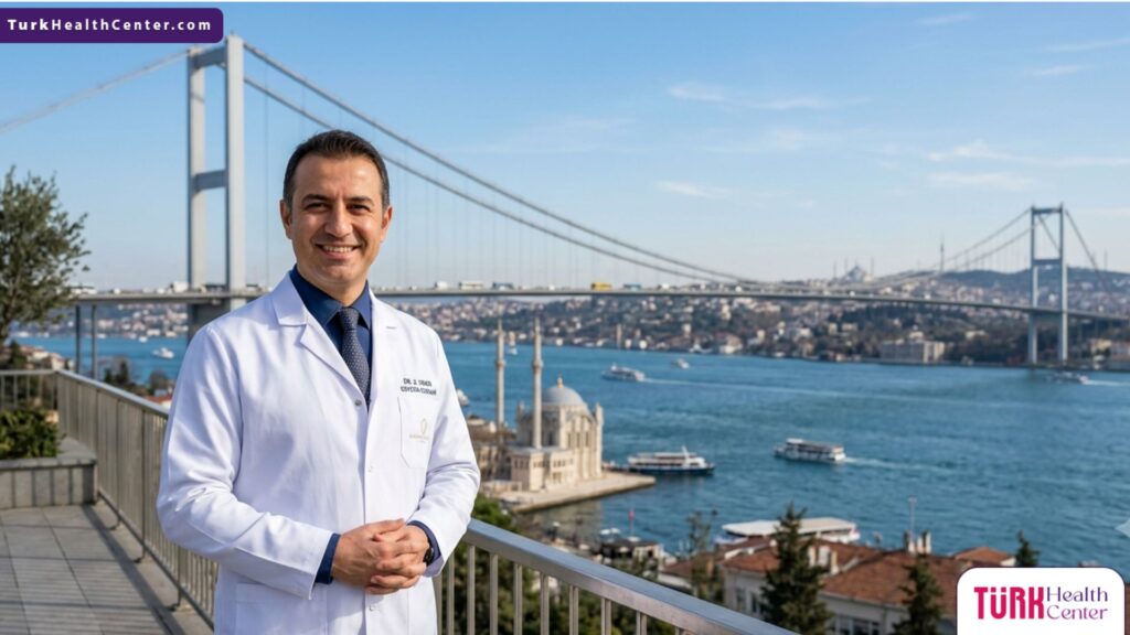 طبيب تجميل متخصص في عملية شد الجفن العلوي المتدلي يقف بثقة أمام جسر البوسفور في إسطنبول بتركيا.
