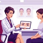 طبيب يشرح تفاصيل تجميل الجفن الآسيوي في تركيا لمريضة في عيادة تجميل حديثة 