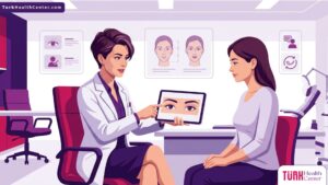 طبيب يشرح تفاصيل تجميل الجفن الآسيوي في تركيا لمريضة في عيادة تجميل حديثة 