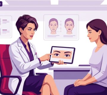 طبيب يشرح تفاصيل تجميل الجفن الآسيوي في تركيا لمريضة في عيادة تجميل حديثة 