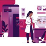 رسم توضيحي طبي متقدم يظهر طبيباً يشرح تفاصيل إجراء تجميل الجفون المتجعدة لمريض في عيادة حديثة 