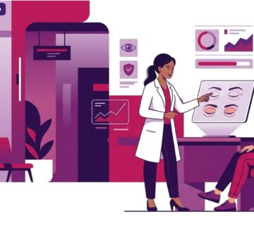 رسم توضيحي طبي متقدم يظهر طبيباً يشرح تفاصيل إجراء تجميل الجفون المتجعدة لمريض في عيادة حديثة 