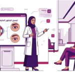رسم توضيحي يظهر طبيباً يشرح تفاصيل تجميل الجفون المترهلة وراثياً للمريض في عيادة طبية فاخرة 