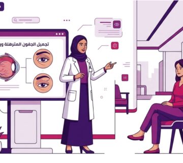 رسم توضيحي يظهر طبيباً يشرح تفاصيل تجميل الجفون المترهلة وراثياً للمريض في عيادة طبية فاخرة 