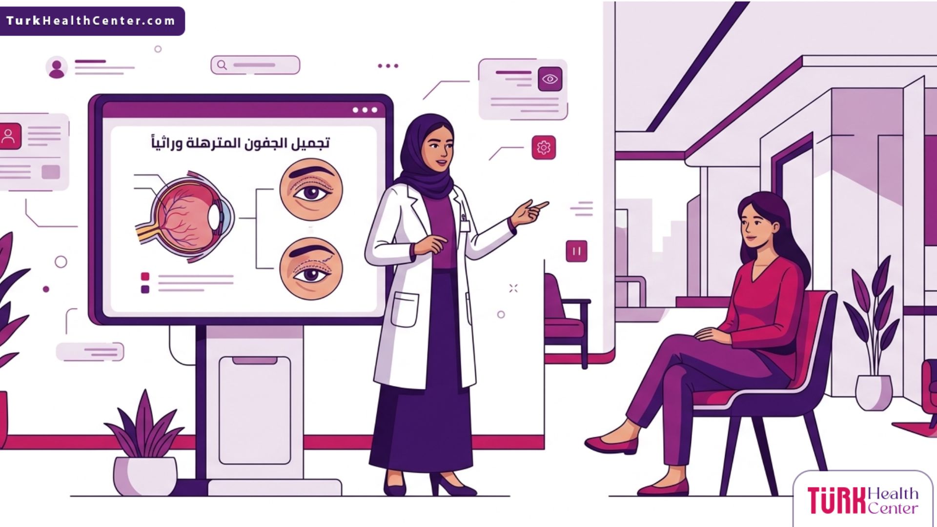 رسم توضيحي يظهر طبيباً يشرح تفاصيل تجميل الجفون المترهلة وراثياً للمريض في عيادة طبية فاخرة