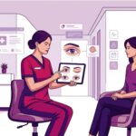 طبيب تجميل يشرح تفاصيل وإجراءات تجميل الجفون في تركيا لمريض داخل عيادة فخمة 