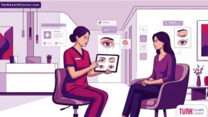 طبيب تجميل يشرح تفاصيل وإجراءات تجميل الجفون في تركيا لمريض داخل عيادة فخمة 