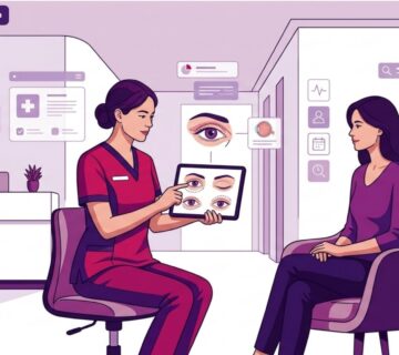 طبيب تجميل يشرح تفاصيل وإجراءات تجميل الجفون في تركيا لمريض داخل عيادة فخمة 
