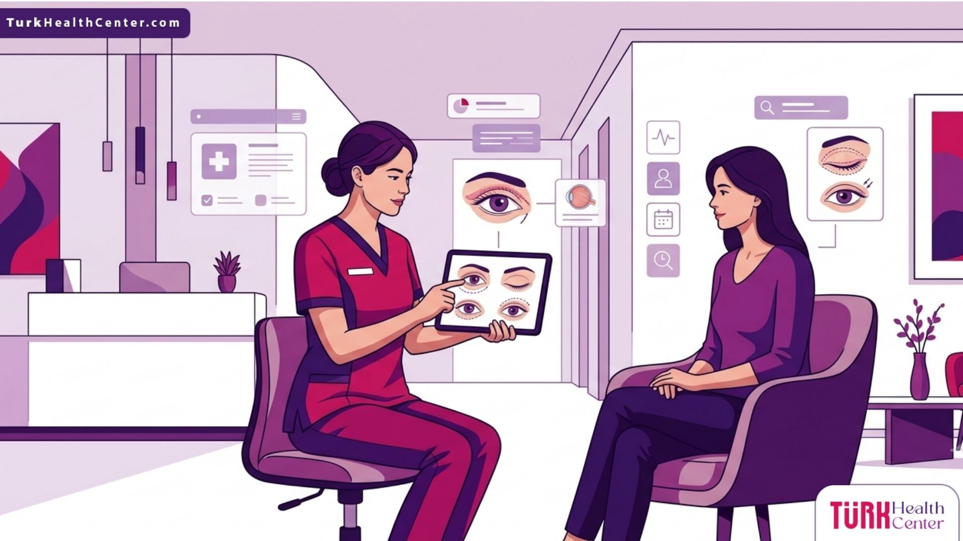 طبيب تجميل يشرح تفاصيل وإجراءات تجميل الجفون في تركيا لمريض داخل عيادة فخمة