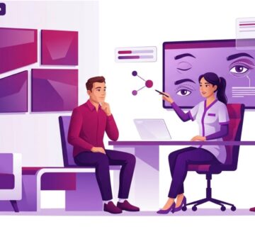 رسم توضيحي طبي متطور لطبيب يشرح خطوات عملية تجميل الجفون للرجال في تركيا لمريض داخل عيادة حديثة 