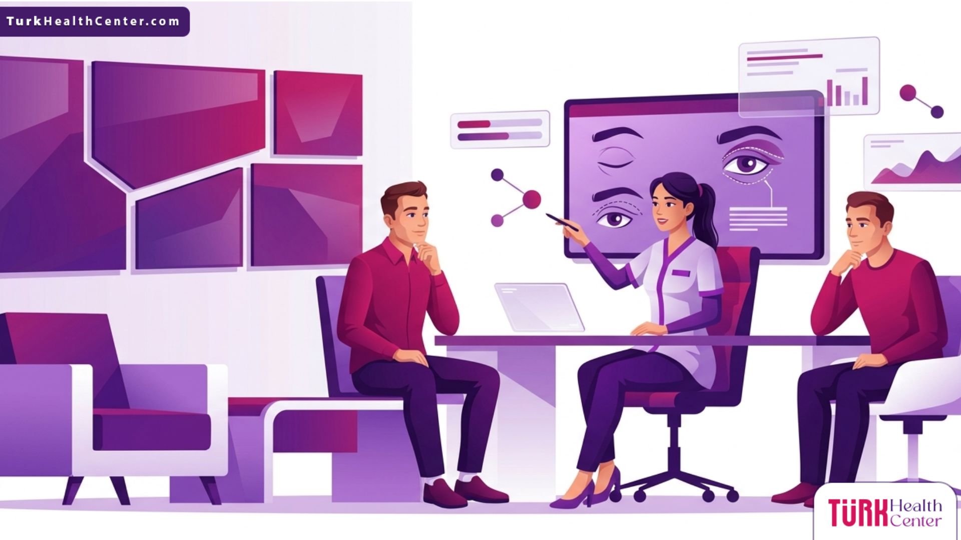 رسم توضيحي طبي متطور لطبيب يشرح خطوات عملية تجميل الجفون للرجال في تركيا لمريض داخل عيادة حديثة
