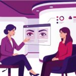 رسم توضيحي يظهر طبيباً يشرح للمريض تقنيات تجميل الجفون وإخفاء التجاعيد في عيادة فاخرة 