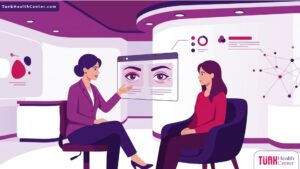 رسم توضيحي يظهر طبيباً يشرح للمريض تقنيات تجميل الجفون وإخفاء التجاعيد في عيادة فاخرة 