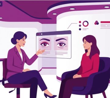 رسم توضيحي يظهر طبيباً يشرح للمريض تقنيات تجميل الجفون وإخفاء التجاعيد في عيادة فاخرة 
