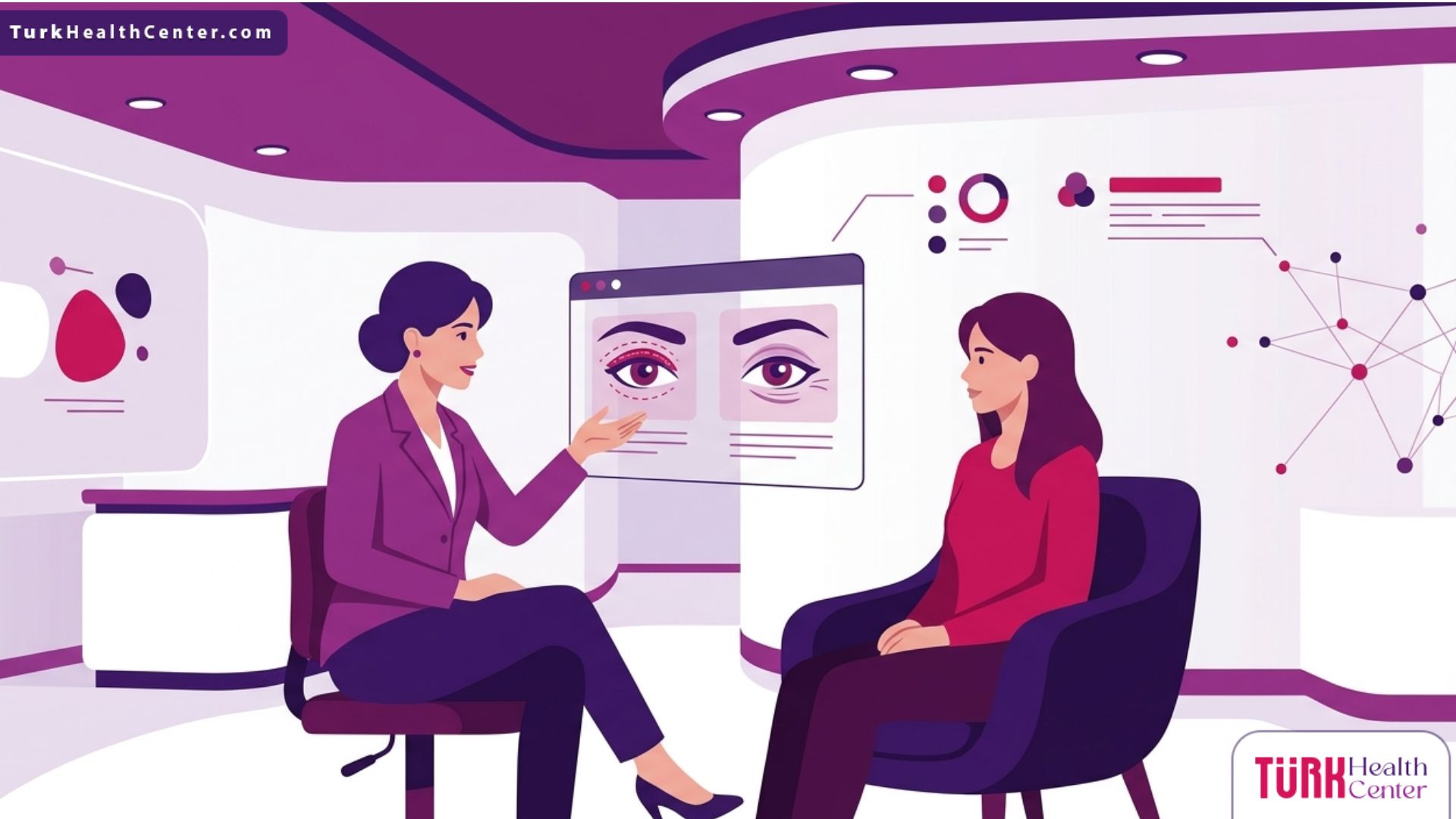 رسم توضيحي يظهر طبيباً يشرح للمريض تقنيات تجميل الجفون وإخفاء التجاعيد في عيادة فاخرة