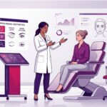 رسم توضيحي طبي فاخر لطبيب يشرح تقنيات تجميل الجفون وتنسيق الحواجب للمريض في عيادة حديثة 