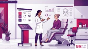 رسم توضيحي طبي فاخر لطبيب يشرح تقنيات تجميل الجفون وتنسيق الحواجب للمريض في عيادة حديثة 