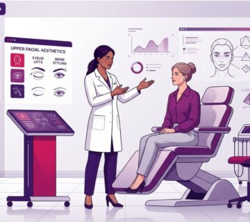 رسم توضيحي طبي فاخر لطبيب يشرح تقنيات تجميل الجفون وتنسيق الحواجب للمريض في عيادة حديثة 