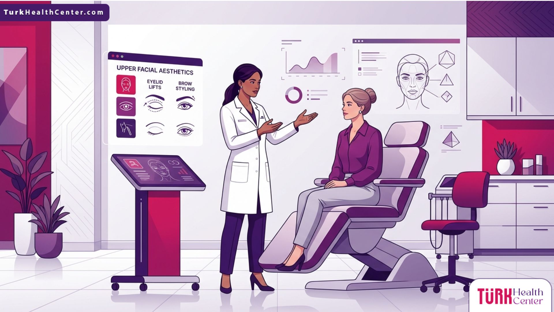 رسم توضيحي طبي فاخر لطبيب يشرح تقنيات تجميل الجفون وتنسيق الحواجب للمريض في عيادة حديثة