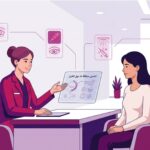 رسم توضيحي لطبيب يشرح إجراءات تجميل منطقة ما حول العين لمريض في عيادة طبية حديثة 