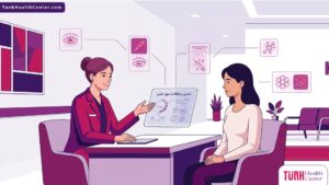رسم توضيحي لطبيب يشرح إجراءات تجميل منطقة ما حول العين لمريض في عيادة طبية حديثة 