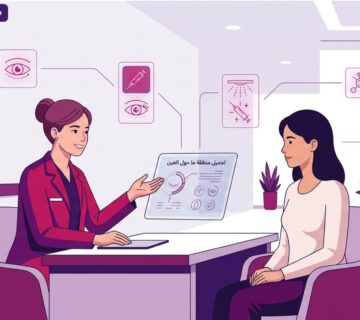 رسم توضيحي لطبيب يشرح إجراءات تجميل منطقة ما حول العين لمريض في عيادة طبية حديثة 