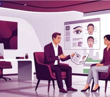 رسم توضيحي لطبيب يشرح تقنيات شد الجفون في تركيا للمريض داخل عيادة طبية حديثة