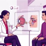 طبيب تجميل يشرح تفاصيل جراحة العيون المسحوبة لمريضة في عيادة طبية حديثة وفخمة 