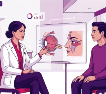 طبيب تجميل يشرح تفاصيل جراحة العيون المسحوبة لمريضة في عيادة طبية حديثة وفخمة 