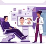 رسم توضيحي يظهر طبيب تجميل يشرح تفاصيل جراحة تعديل شكل الجفن للمريض في عيادة طبية حديثة ومجهزة 