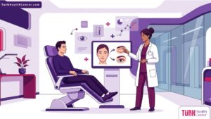 رسم توضيحي يظهر طبيب تجميل يشرح تفاصيل جراحة تعديل شكل الجفن للمريض في عيادة طبية حديثة ومجهزة 