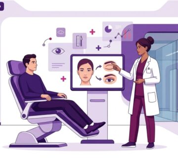 رسم توضيحي يظهر طبيب تجميل يشرح تفاصيل جراحة تعديل شكل الجفن للمريض في عيادة طبية حديثة ومجهزة 