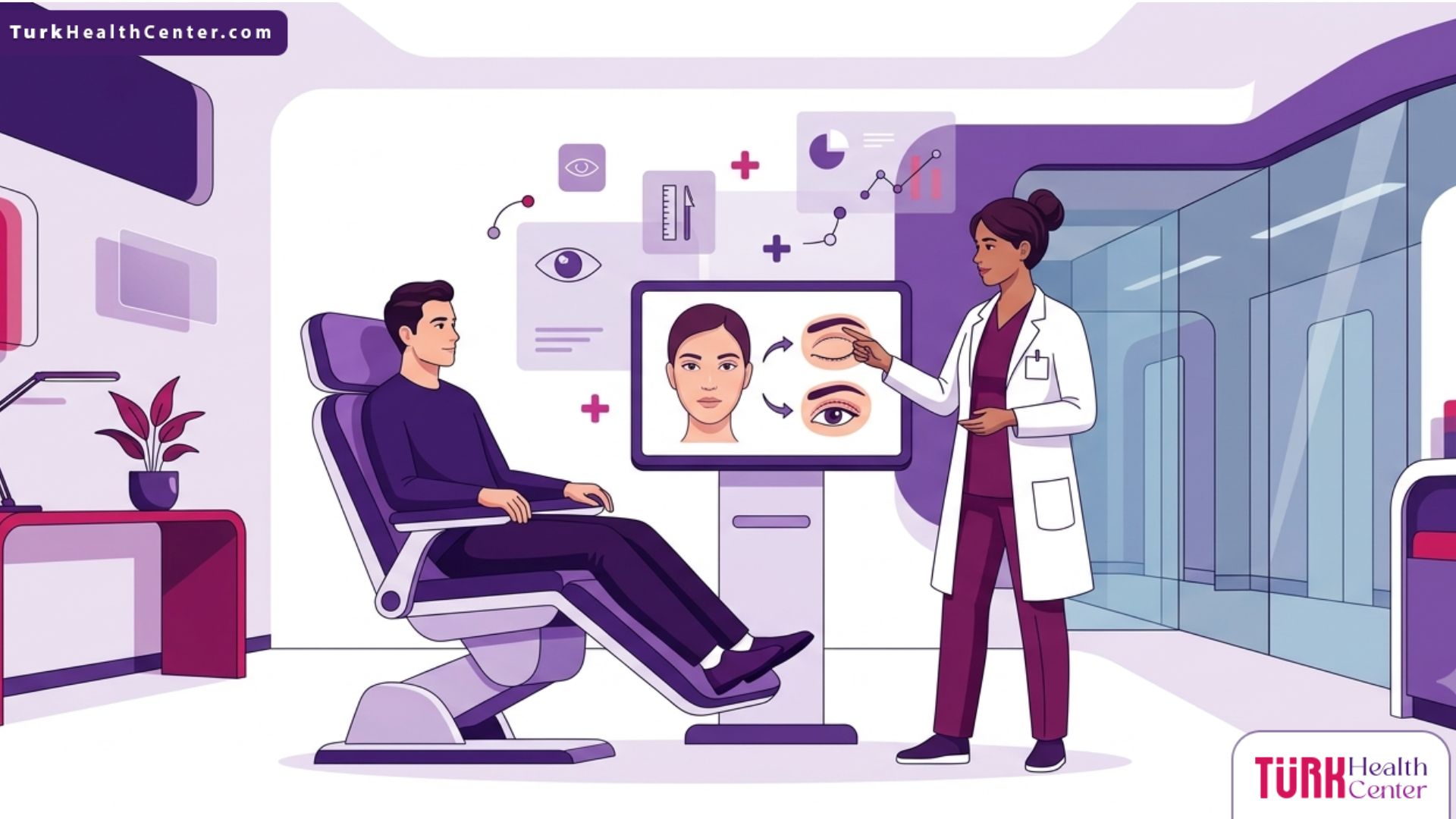 رسم توضيحي يظهر طبيب تجميل يشرح تفاصيل جراحة تعديل شكل الجفن للمريض في عيادة طبية حديثة ومجهزة 