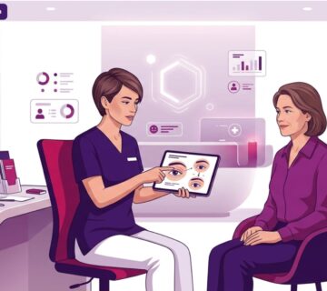 رسم توضيحي يظهر طبيب يشرح تفاصيل جراحة شد الأجفان المتدلية في تركيا داخل عيادة طبية حديثة 
