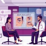 رسم توضيحي طبي عالي الجودة لطبيب يشرح خطوات وإجراءات عملية شد الجفن السفلي المترهل لمريض داخل عيادة تجميل حديثة 