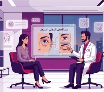 رسم توضيحي طبي عالي الجودة لطبيب يشرح خطوات وإجراءات عملية شد الجفن السفلي المترهل لمريض داخل عيادة تجميل حديثة 