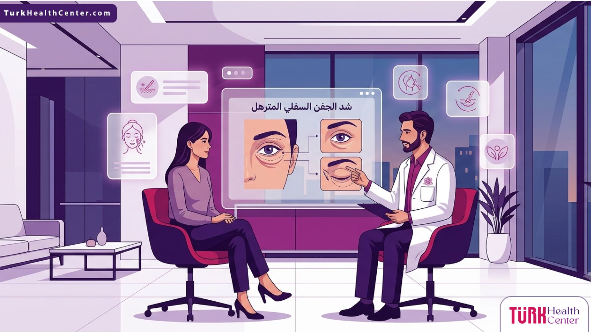 رسم توضيحي طبي عالي الجودة لطبيب يشرح خطوات وإجراءات عملية شد الجفن السفلي المترهل لمريض داخل عيادة تجميل حديثة