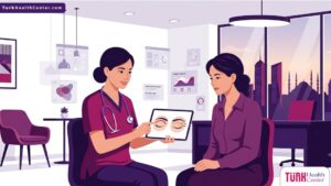 رسم توضيحي لطبيب يشرح تفاصيل إجراء شد الجفون العلوية جراحياً في تركيا لمريض داخل عيادة فخمة 