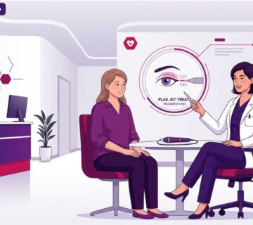 رسم توضيحي طبي عالي الجودة يظهر طبيباً يشرح خطوات إجراء شد الجفون بالبلازما جيت لمريض في عيادة حديثة 